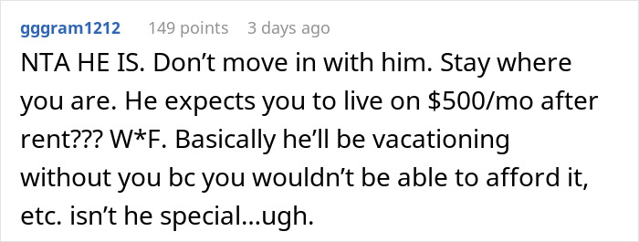 Screenshot of a Reddit comment discussing a rich boyfriend demanding equal split rent with girlfriend refusing to comply.