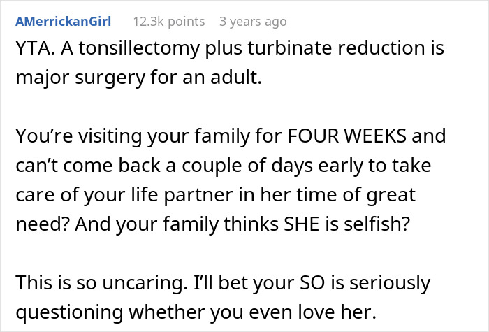 Screenshot of a Reddit comment discussing the impact of a surprise family visit when a girlfriend has surgery planned.