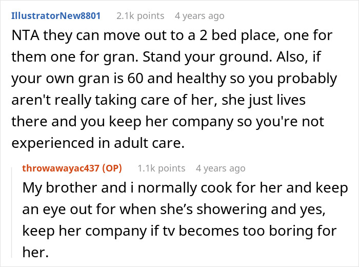 Screenshot of Reddit comments discussing a brother-in-law trying to dump grandma on wife&rsquo;s siblings and refusal to provide care.