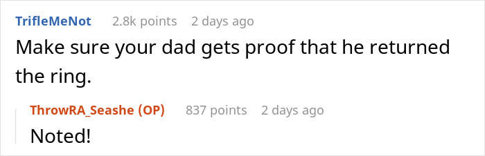 Screenshot of a Reddit conversation about a man proposing two months after his girlfriend dumped him and her refusal reaction.