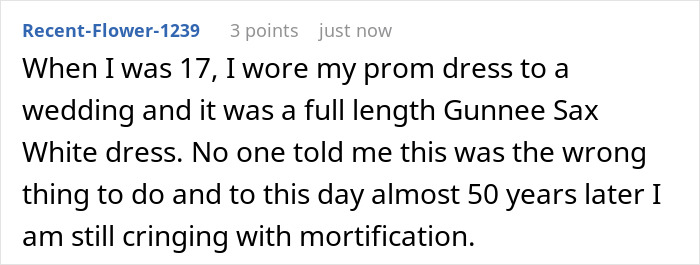 User sharing a story about guest wearing own wedding dress unknowingly at a wedding and feeling mortified years later.