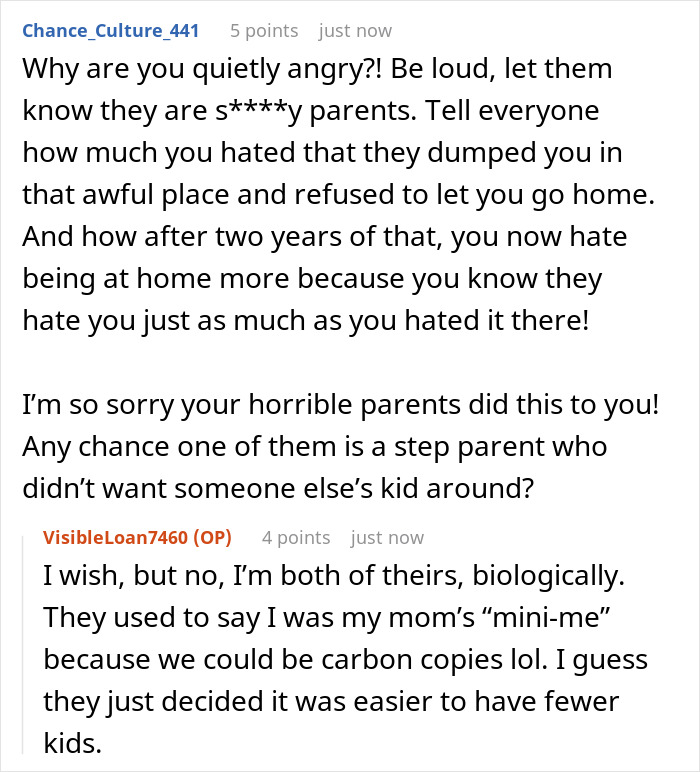 Reddit conversation about a teen dumped by parents at boarding school, expressing anger and feeling rejected years later.