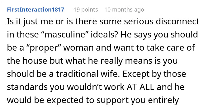 Screenshot of a Reddit comment discussing masculine ideals and expectations of traditional wives in relationships.