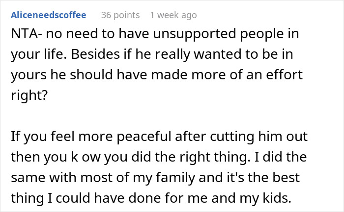 Screenshot of a Reddit comment discussing family support during divorce involving a daughter&rsquo;s cheating ex.