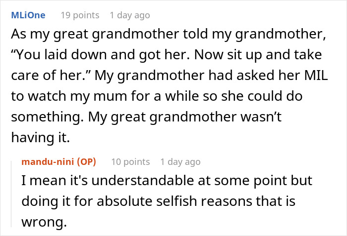 Text conversation showing a user discussing a great grandmother refusing to babysit, highlighting struggles with free babysitting duties.