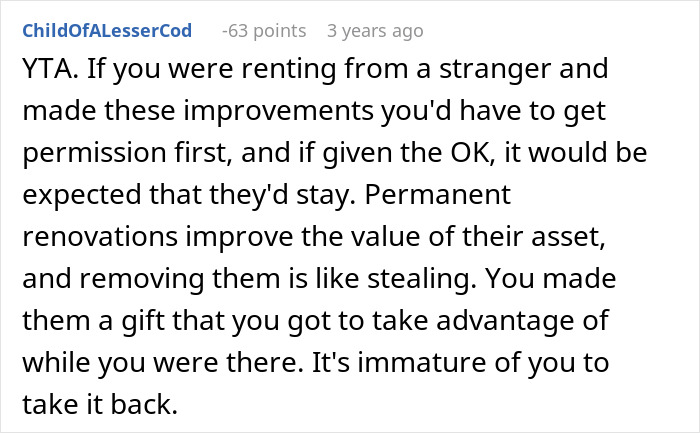 Comment on parents kicking out daughter, discussing remodeled room and taking belongings after renovation removal.