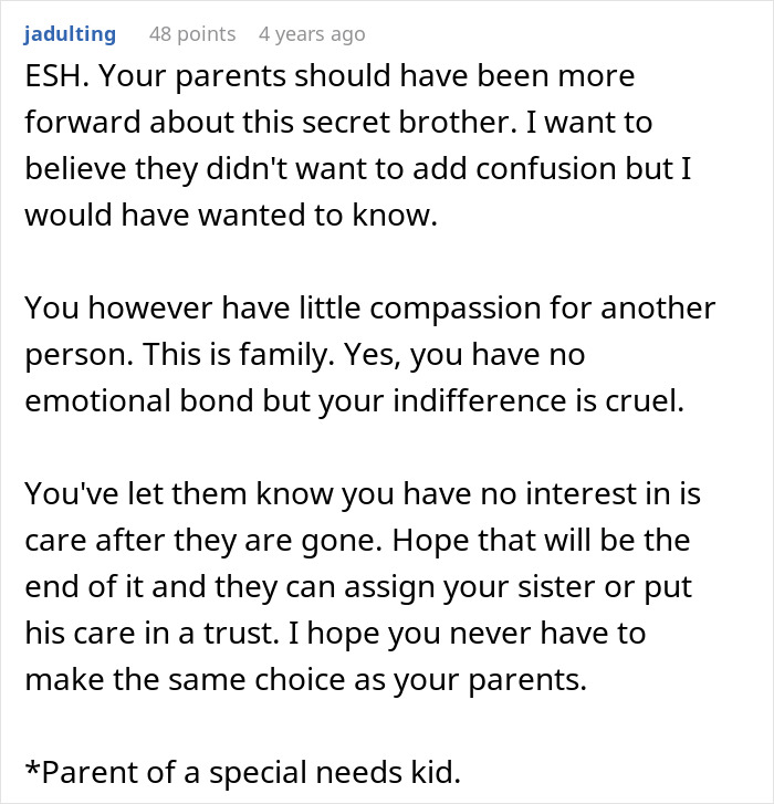 Reddit comment discussing parents begging son to care for disabled brother after they're gone and family conflict.