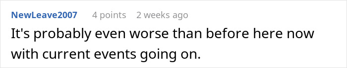 Screenshot of a comment discussing worsening conditions amid current events, related to woman changing name for job offers.