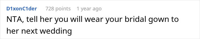 Screenshot of a social media comment about a bride horrified as cousin wears long white dress to her wedding, with mom's approval.