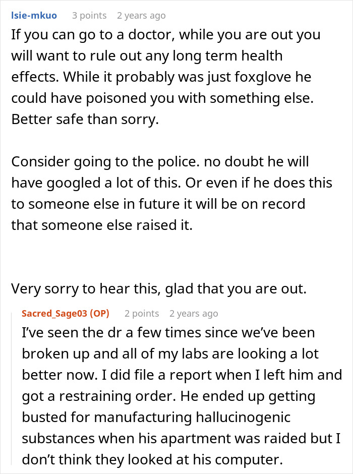 Online discussion about a woman suspecting her ex of poisoning her after months of mysterious illness and strange confession