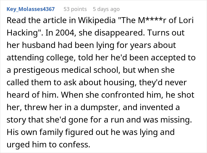 Text excerpt describing a woman suspecting her partner is lying about attending medical school, leading to conflict.