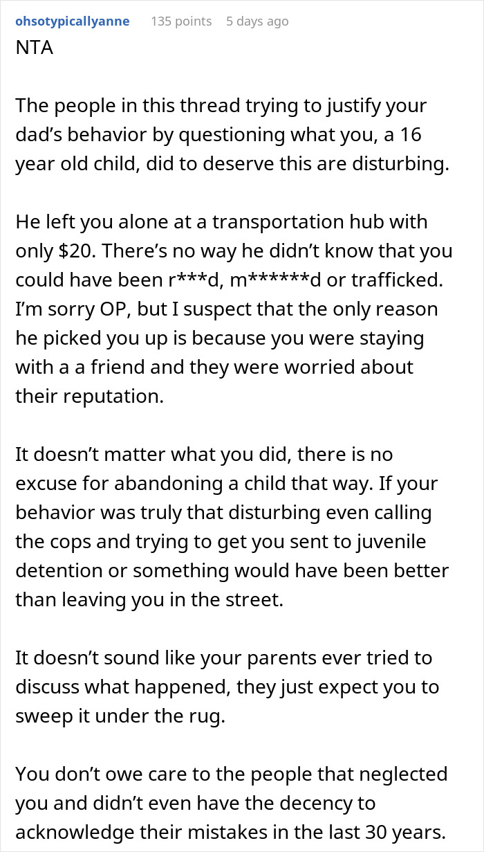 Comment discussing parents kicked out teen experiencing abandonment and lack of parental support or understanding. Comment discussing parents kicked out teen experiencing abandonment and lack of parental support or understanding.