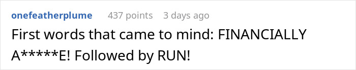 Screenshot of an online comment reacting to a rich boyfriend demanding equal split rent and girlfriend refusing.