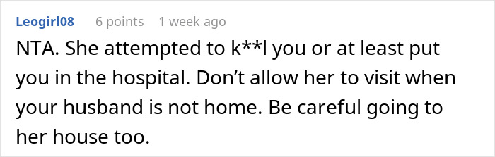 Comment warning about monster-in-law putting daughter-in-law&rsquo;s life in danger and advising caution when visiting her house.