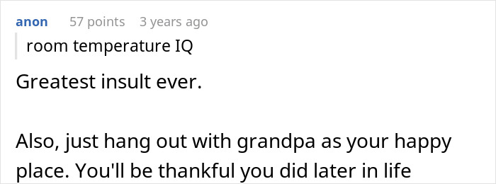 Text excerpt from an online forum discussing intelligence, with a comment about spending time with grandpa as a happy place.