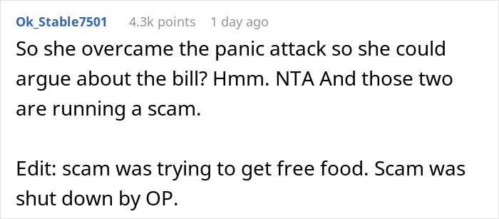 Comment discussing an autistic woman having a panic attack at a restaurant and requesting free food.