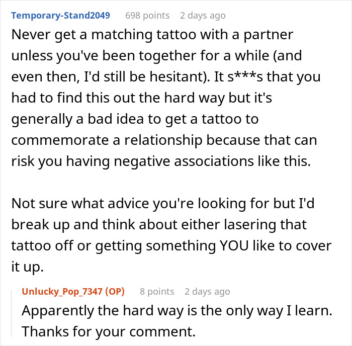 Text conversation discussing advice about getting a tattoo from a woman couple related to a boyfriend and ex.
