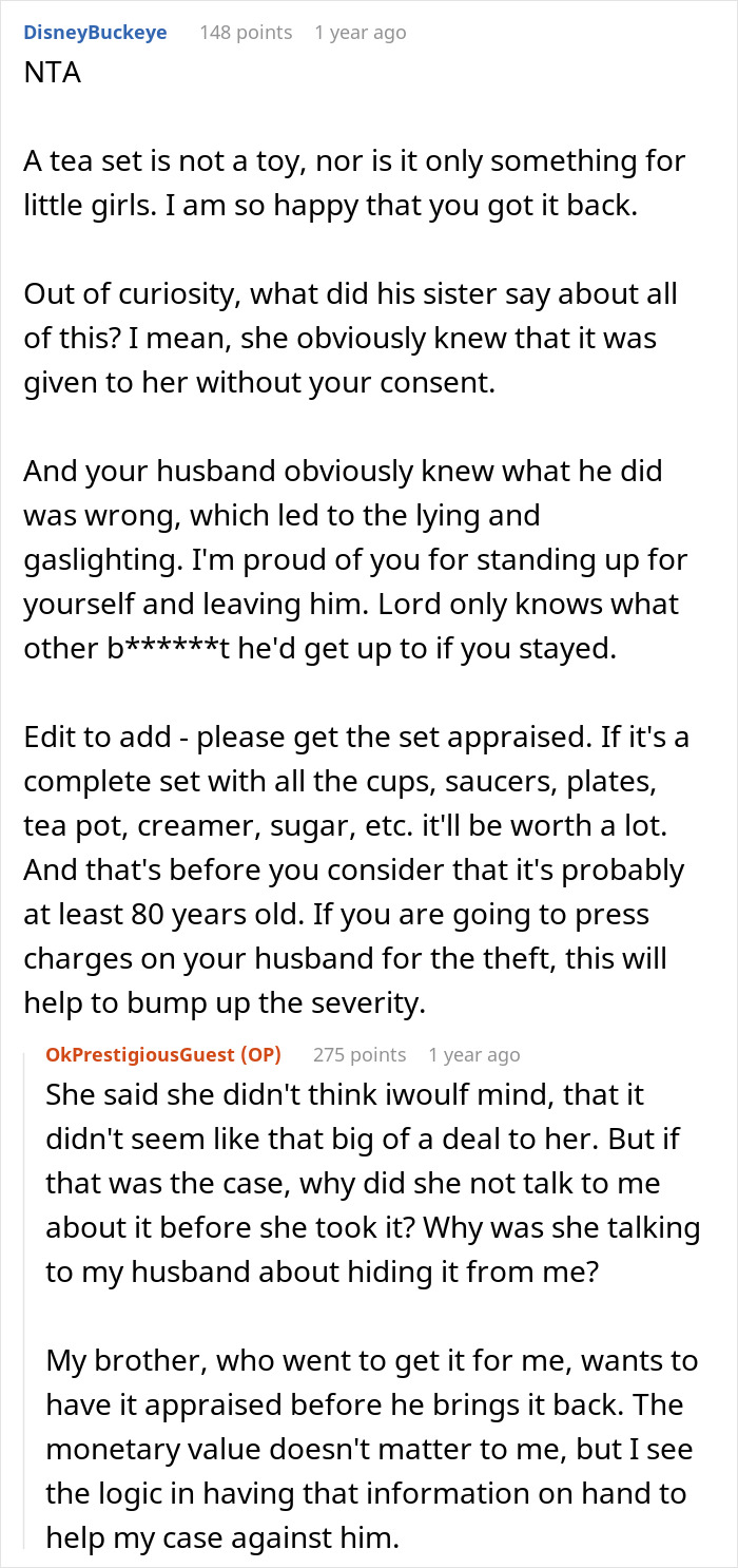 Reddit discussion about a man stealing his wife&rsquo;s antique tea set and giving it to his niece causing marriage issues.