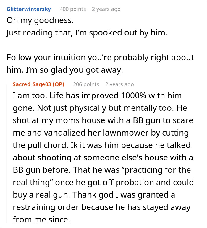 Text conversation showing emotional support as woman shares experience about toxic ex, hinting at poisoning and restraining order situation.