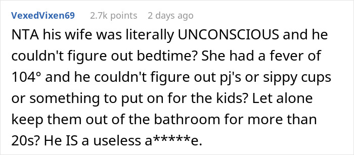 Comment text discussing a clueless husband watching his wife pass out with a 104-degree fever, expressing frustration.