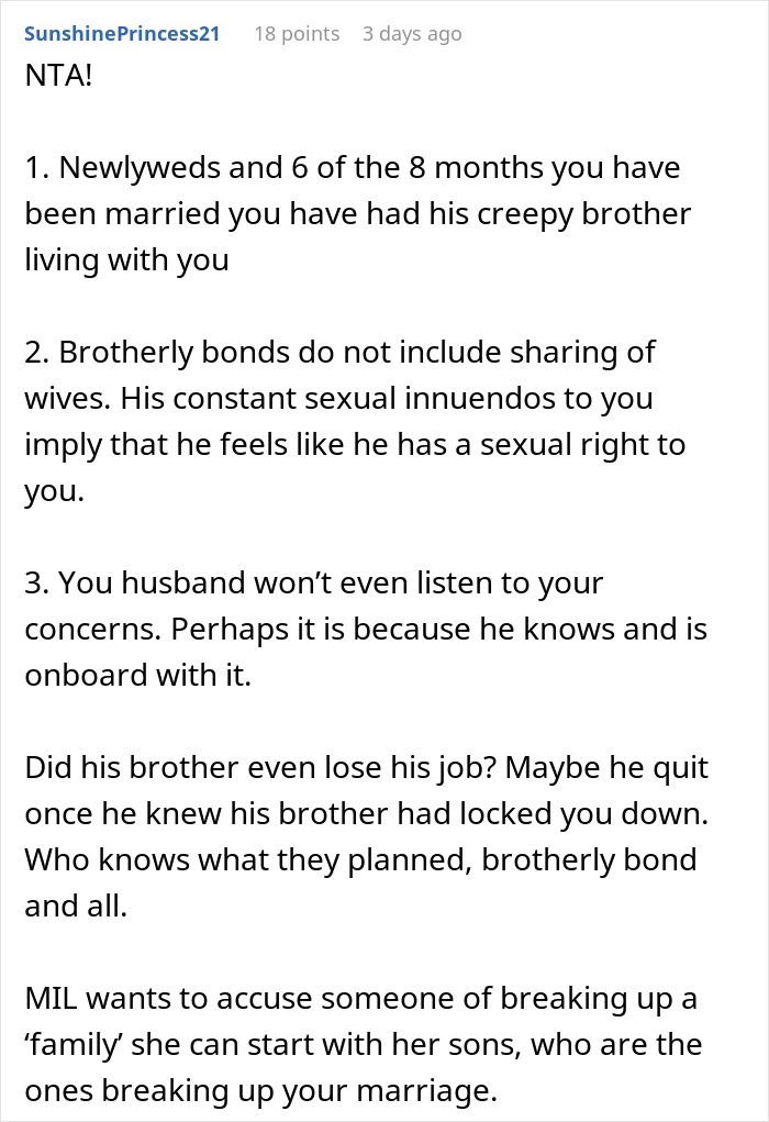 Screenshot of Reddit comment discussing creepy brother-in-law and marital issues after wife removes wedding ring.