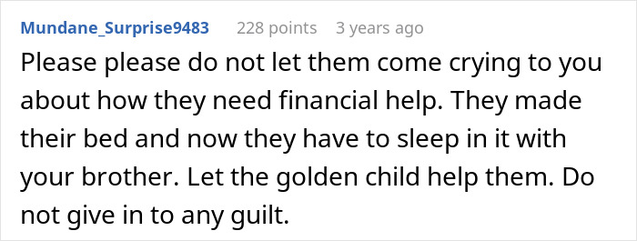 Reddit user advising to let the golden child handle lost parents money issues involving crypto without guilt or financial help.