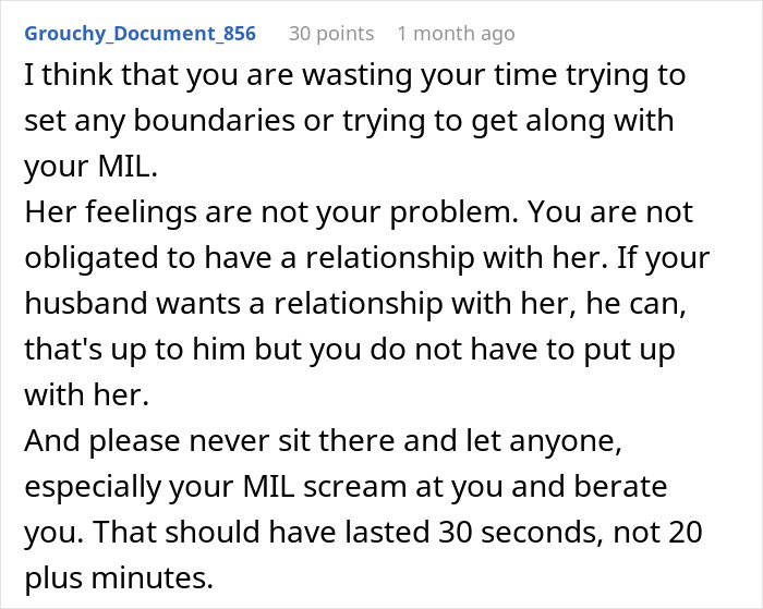 Text post offering advice to new mom about setting boundaries with difficult MIL exhibiting unhinged behavior.