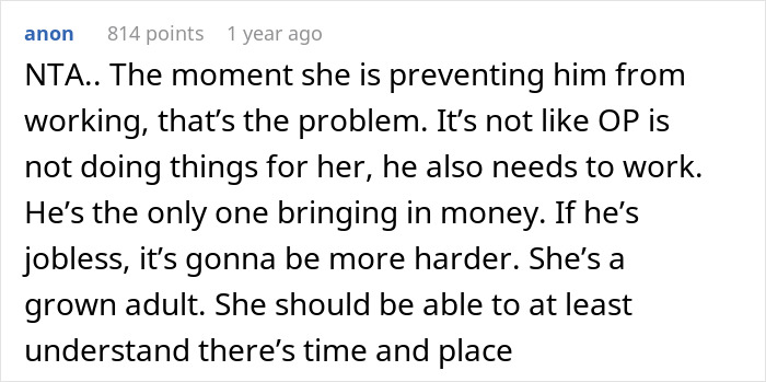 Comment discussing conflict over a man needing to work while his pregnant bedridden wife is being needy and disrupting his meeting.