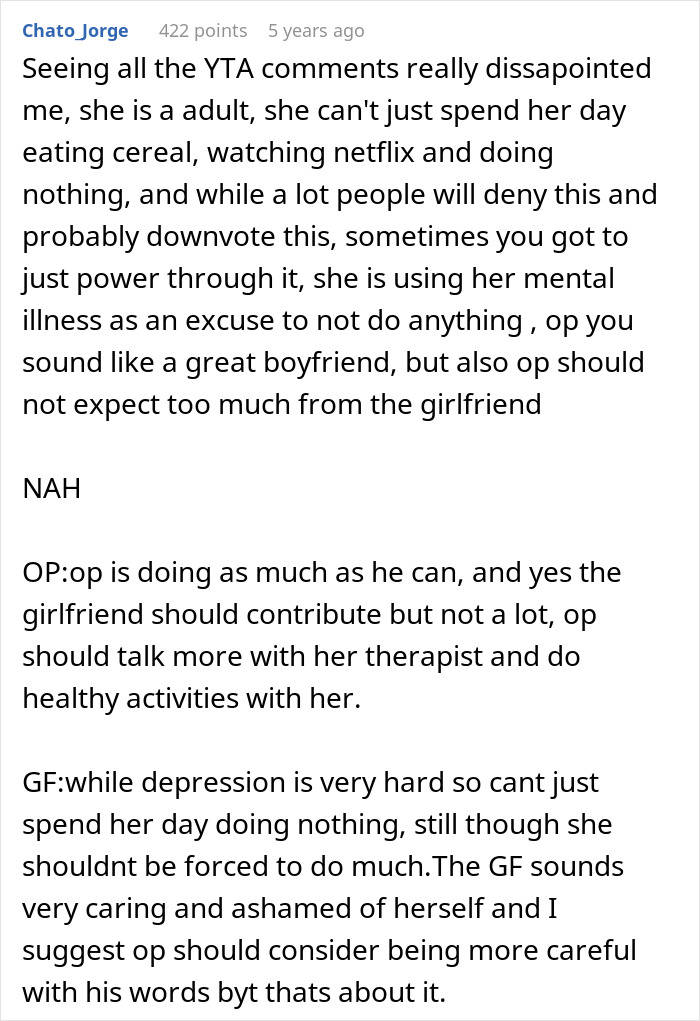 Reddit user discusses depression as not an excuse for being lazy in a boyfriend-girlfriend relationship conflict. Reddit user discusses depression as not an excuse for being lazy in a boyfriend-girlfriend relationship conflict.