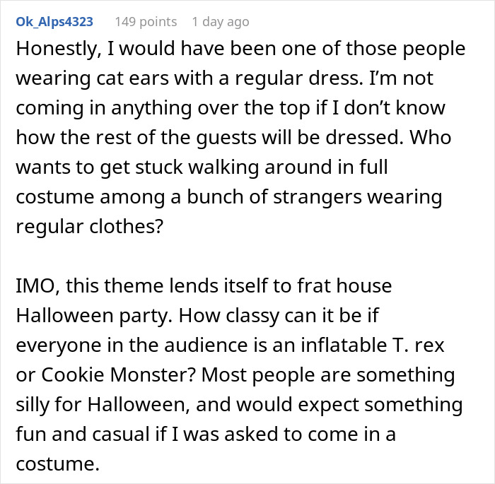 Text post discussing disappointment and anger about a Halloween wedding with mixed costume dress codes.
