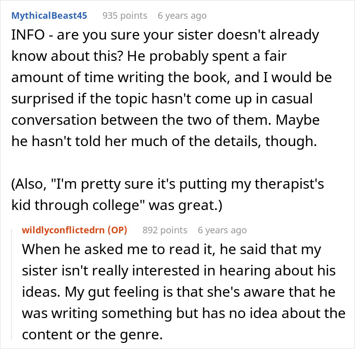 Reddit conversation about a guy writing a book on marrying the wrong sister and his sister-in-law&rsquo;s horrified reaction.