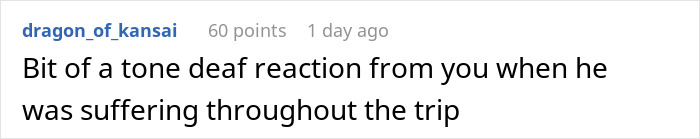 Screenshot of a comment discussing a tone deaf reaction revealing a man&rsquo;s true colors during vacation, causing relationship doubts.