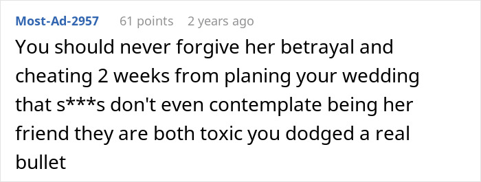 Screenshot of a forum comment discussing betrayal and toxic relationships after fianc&eacute;e reveals her love for her friend.