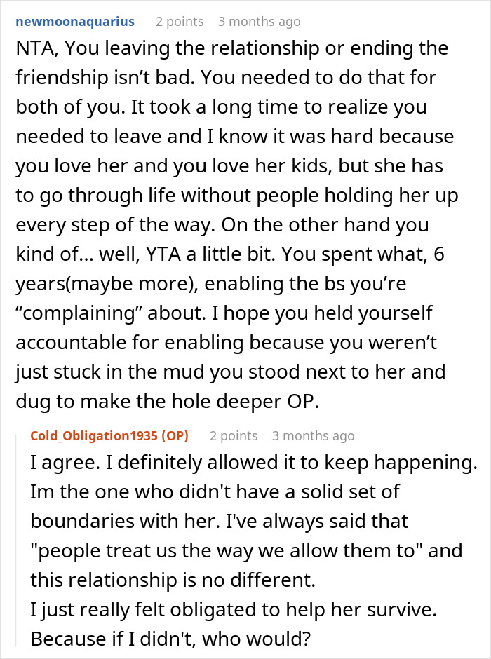Reddit discussion about a woman ending a 10-year friendship being done as bestie bank for friend with kids and dads.