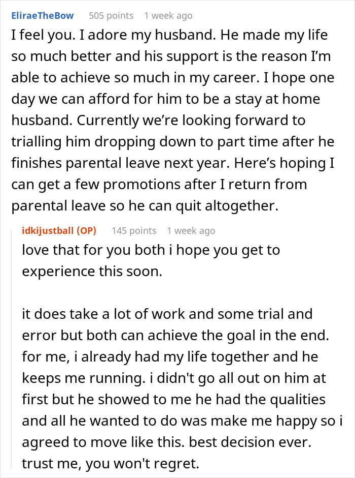 Text conversation about a woman proudly funding her stay-at-home boyfriend&rsquo;s life, praising his intelligence and kindness.