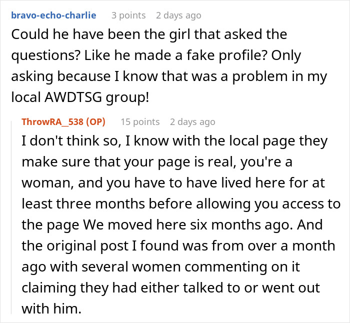 Conversation between two users discussing concerns about fake profiles in boyfriend dating relationships groups.