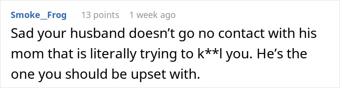 Comment from user expressing concern about monster-in-law putting daughter-in-law&rsquo;s life in danger.