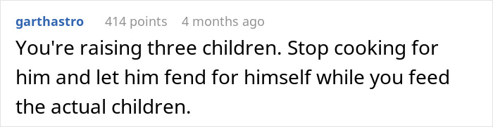 Comment about husband yelling at wife cooking same meal after no new ingredients allowed in online discussion thread.