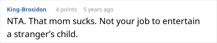Screenshot of an online comment where a user states a teen is not responsible for entertaining a stranger&rsquo;s kid on a 15-hour flight.