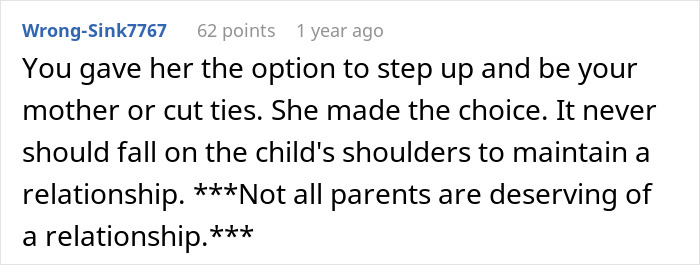 Reddit comment discussing a teen torn about continuing to see biological mom treated like a second-rate child. Reddit comment discussing a teen torn about continuing to see biological mom treated like a second-rate child.