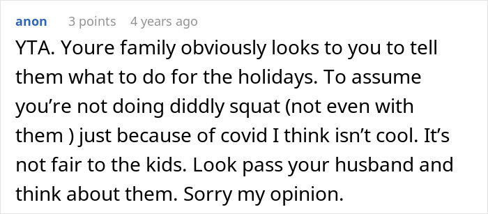 Comment discussing a woman upset her husband assumed she planned Thanksgiving when she has never done that.