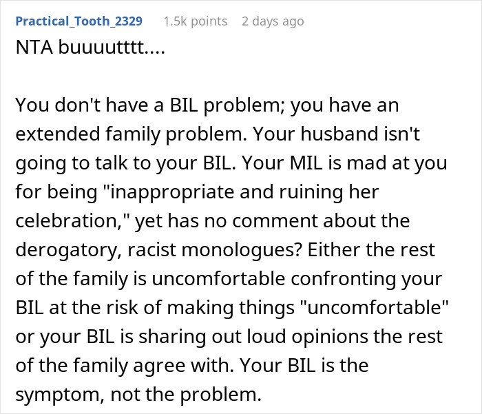 Text post discussing a wife confronting her brother-in-law for racist slurs during dinner while mother-in-law complains.