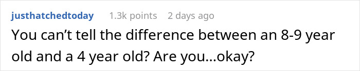 Text comment from user justhatcedtoday questioning age difference between kids amid trauma and disruptive kid on plane discussion.