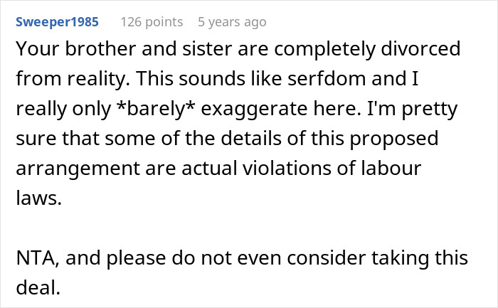 Comment discussing brother's live-in nanny job offer with unreasonable demands and advice against accepting the deal