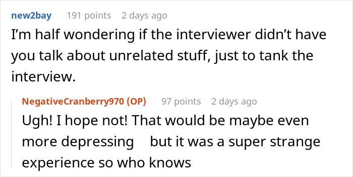 Screenshot of a Reddit conversation discussing an unusual job interview experience related to AI-scored job interview in real time. Screenshot of a Reddit conversation discussing an unusual job interview experience related to AI-scored job interview in real time.