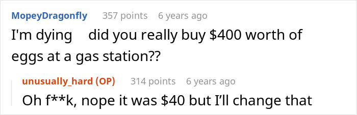 Screenshot of a Reddit conversation about a guy mistakenly owing $43 at a convenience store over a purchase mix-up.