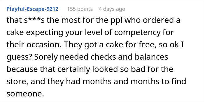 Comment discussing a bakery incident involving a cake order and a woman&rsquo;s revenge as the delicious icing on the cake.
