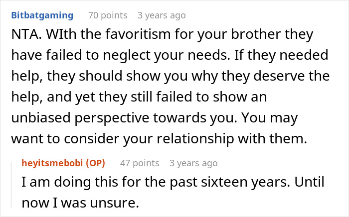 Reddit comments discussing parents&rsquo; blatant favoritism and its impact after their son refuses to help them.