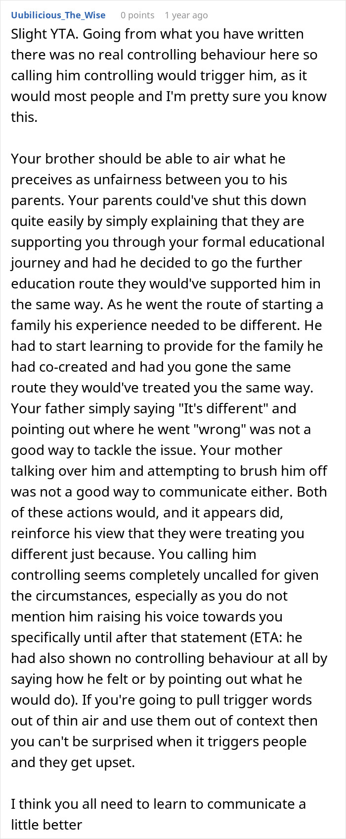 Alt text: Woman calls out brother for being controlling after he claims she is the golden child in family conflict discussion.