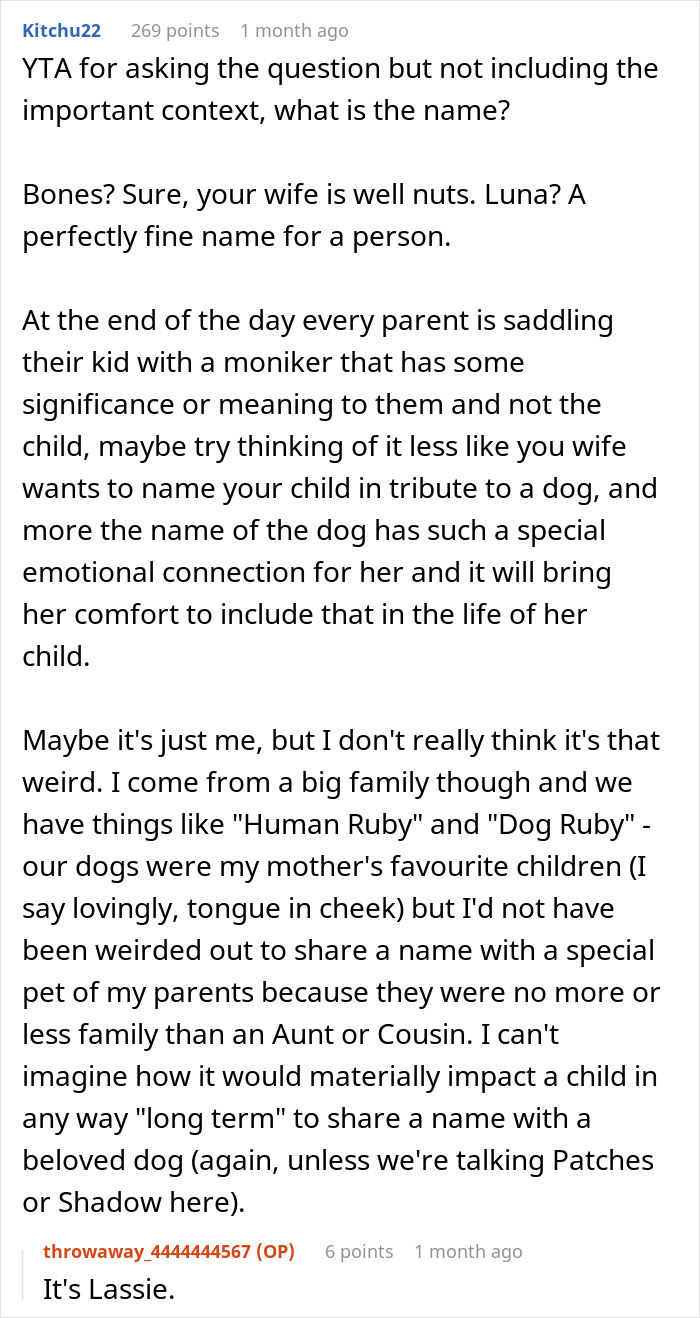 Comment discussing pregnant wife wanting to name baby after childhood dog Lassie, husband feels weirded out.